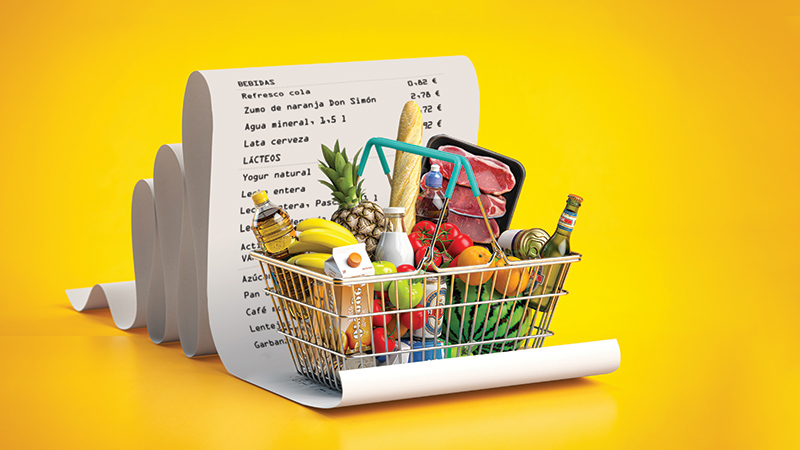 Subida de los alimentos 2020-2023- cesta de la compra con ticket